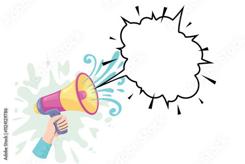 Vector illustration of a bright yellow megaphone with an expressive speech bubble, symbolizing energy and effective communication.
