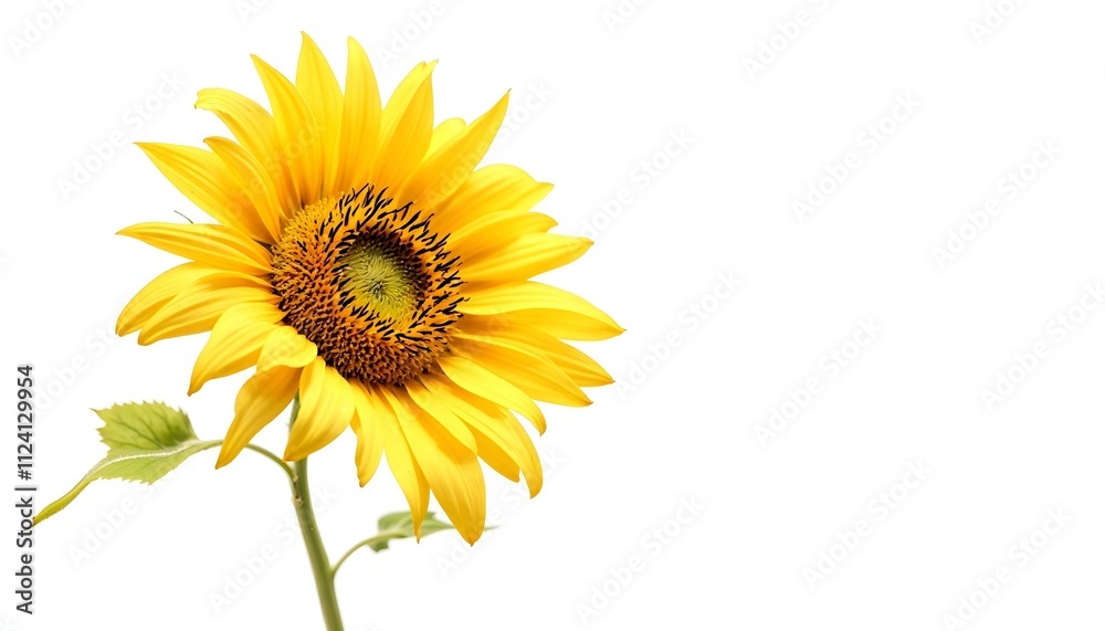 Naklejka premium sunflower, single, blooming, isolated, white, background, highresolution, flower, nature, botanical, vibrant, yellow, petal, closeup, detailed, realistic, floral, elegant, bright, minimal, fresh,