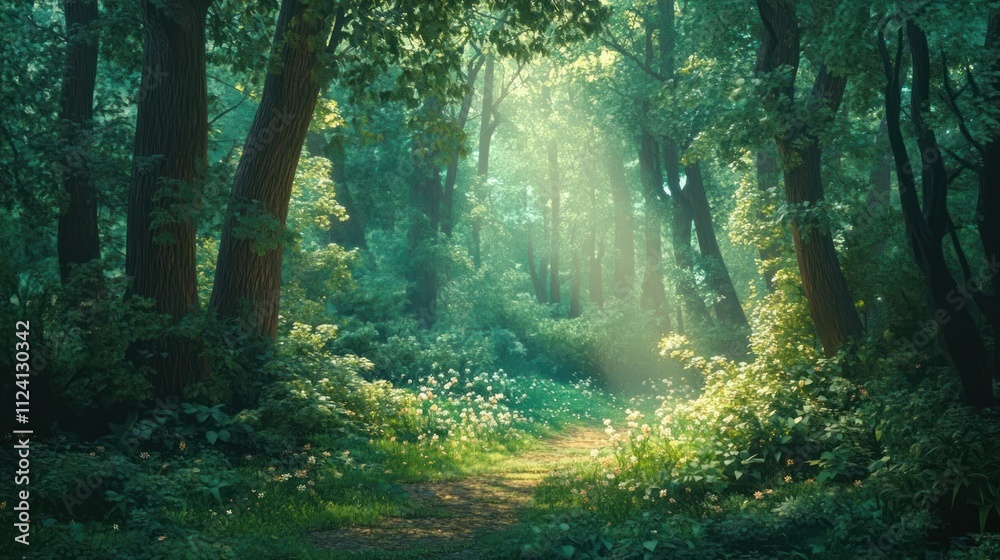 Obraz premium Enchanted Forest Path: A Sunlit Walk Through Lush Greenery