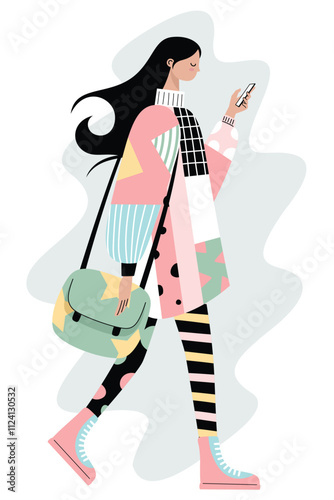 Vector Illustration of a fashionable woman walking with a crossbody bag and using a smartphone, symbolizing modern lifestyle.
