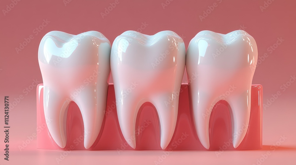 Three stylized teeth on a pink base, symbolizing dental care. Three stylized teeth on a pink base, symbolizing dental care.