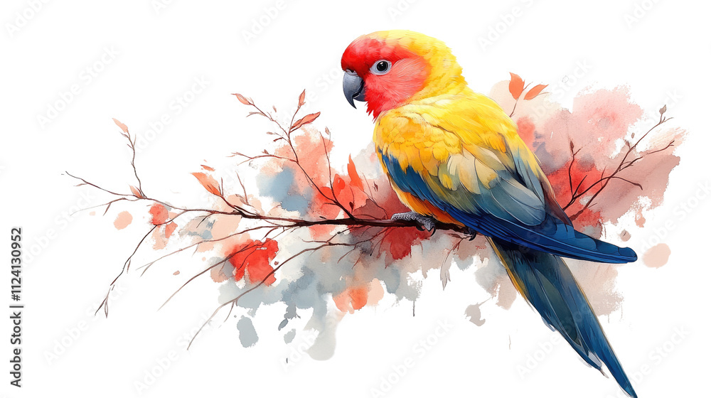 A colorful parrot perched on a small branch, surrounded by a white background, with vibrant feathers.