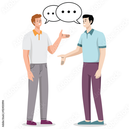 Vector illustration of two men talking with speech bubbles, representing communication, discussion, and friendship.
