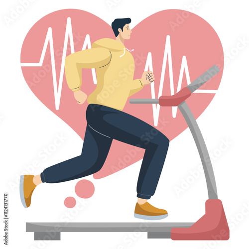 Vector illustration of a man running on a treadmill with a heartbeat graphic in the background