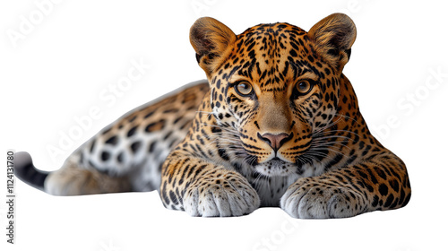 Close up portrait of a leopard and tiger with white background, showcasing their spots and fierce faces photo