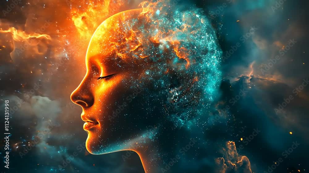 Ethereal Portrait of a Woman Merging with Mystical Cosmic Elements in Vibrant Colors Ethereal Portrait of a Woman Merging with Mystical Cosmic Elements in Vibrant Colors