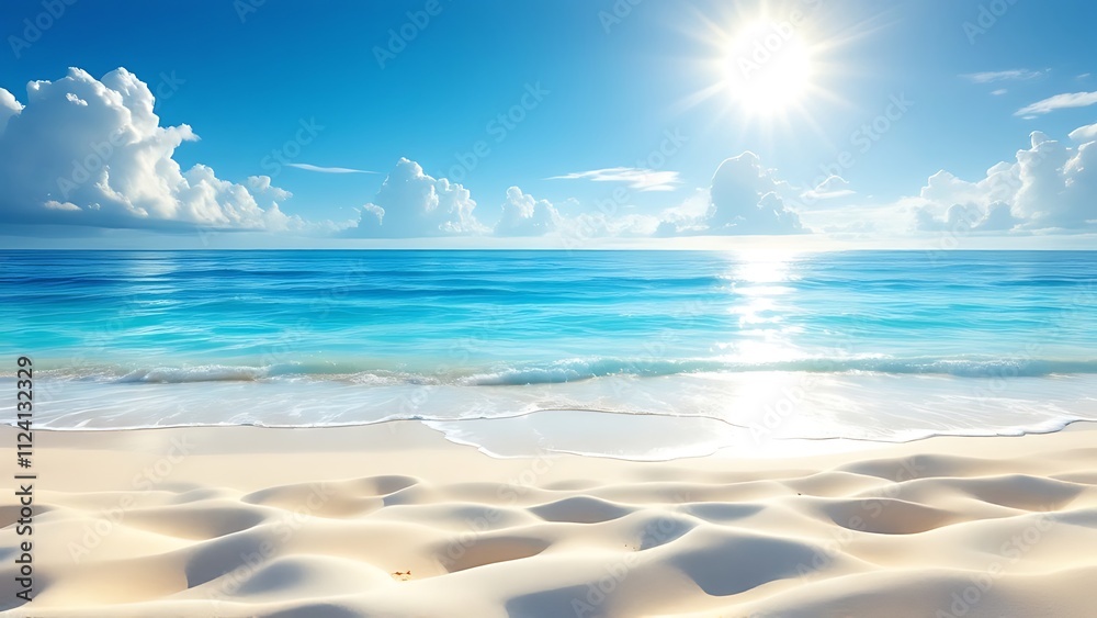 Fototapeta premium Sand With Blue Sea - Beach Summer Defocused Background With Glittering Of Sunlights