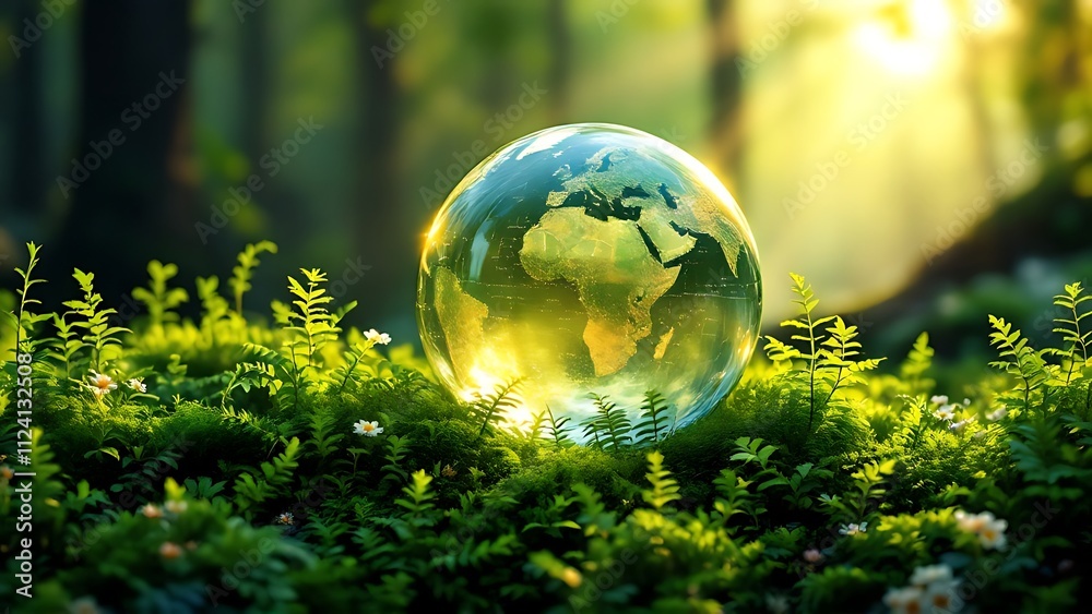 Earth Day - Environment - Green Globe In Forest With Moss And Defocused Abstract Sunlight Earth Day - Environment - Green Globe In Forest With Moss And Defocused Abstract Sunlight
