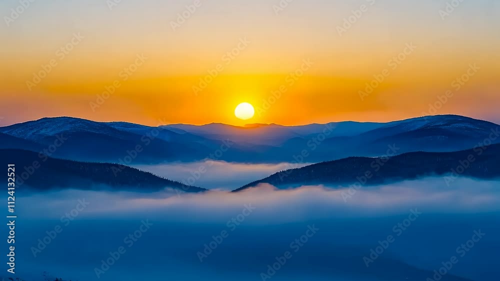 Golden Sunrise Over Misty Mountains with Vibrant Colors and Tranquil Atmosphere Golden Sunrise Over Misty Mountains with Vibrant Colors and Tranquil Atmosphere