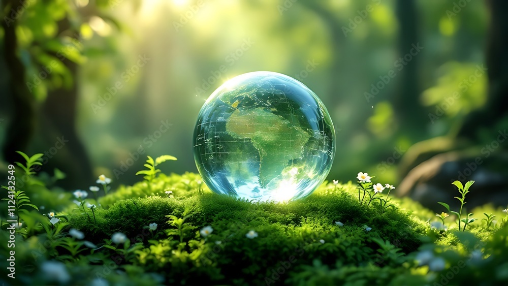 Earth Day - Environment - Green Globe In Forest With Moss And Defocused Abstract Sunlight Earth Day - Environment - Green Globe In Forest With Moss And Defocused Abstract Sunlight