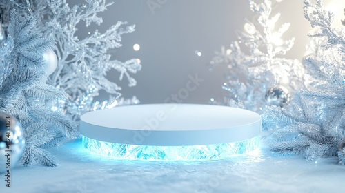 A serene winter scene featuring a circular display platform surrounded by frosty decorations and shimmering lights.