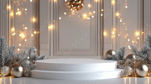 A festive scene featuring a circular podium adorned with gold ornaments and silver foliage, illuminated by warm fairy lights.