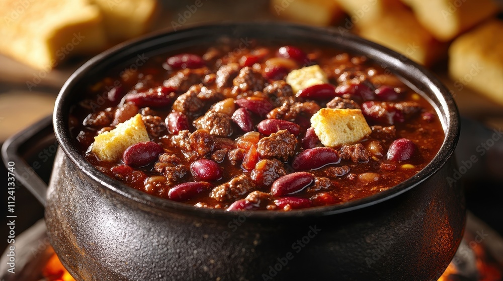 Hearty beef chili in a cast iron pot, garnished with cornbread croutons. Perfect for showcasing comfort food, autumn recipes, or hearty meals. Hearty beef chili in a cast iron pot, garnished with cornbread croutons. Perfect for showcasing comfort food, autumn recipes, or hearty meals.