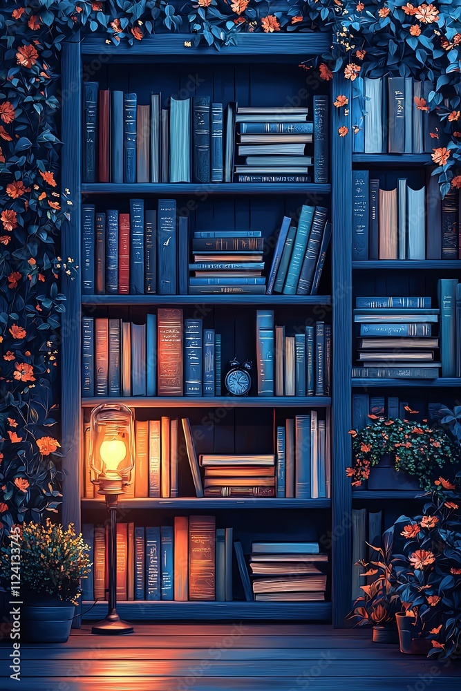 Cozy Minimalist Bookshelf with Lantern and Flowers Cozy Minimalist Bookshelf with Lantern and Flowers