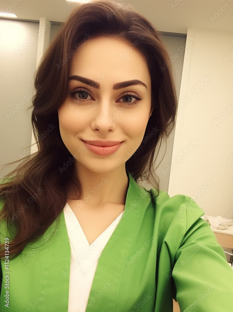 Selfie of an attractive young Armenian woman. a slim body and a perfect figure. wears a white medical coat over a green shirt in her dental office. She has dark, straight hair, a soft smile dimples Selfie of an attractive young Armenian woman. a slim body and a perfect figure. wears a white medical coat over a green shirt in her dental office. She has dark, straight hair, a soft smile dimples