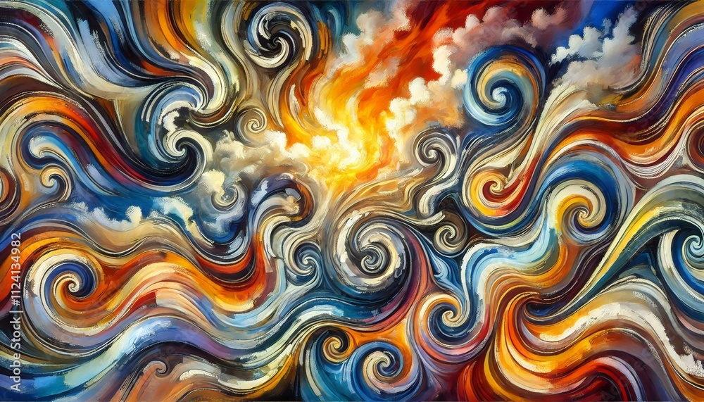 A vibrant and dynamic abstract background with swirling patterns and bold colors. The image features a mix of bright blues, deep purples, and fiery oranges, creating a sense of movement and energy.