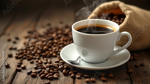 Espresso Coffee Cup With Beans On Vintage Table