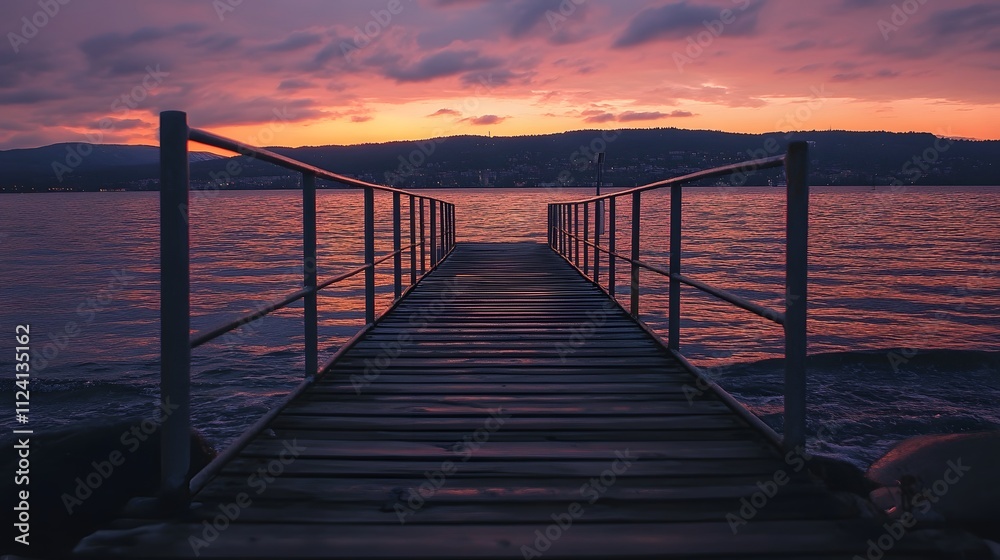 Scenic wooden pier at sunset over tranquil waters. Scenic wooden pier at sunset over tranquil waters.