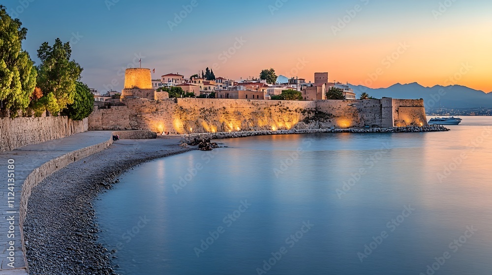 Obraz premium Serene sunset over a historic coastal fortification by the sea.