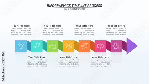 Arrow Infographic Timeline with 7 Steps and Editable Text on a 16:9 Layout for Business Presentation, Poster, Banner and Booklet.