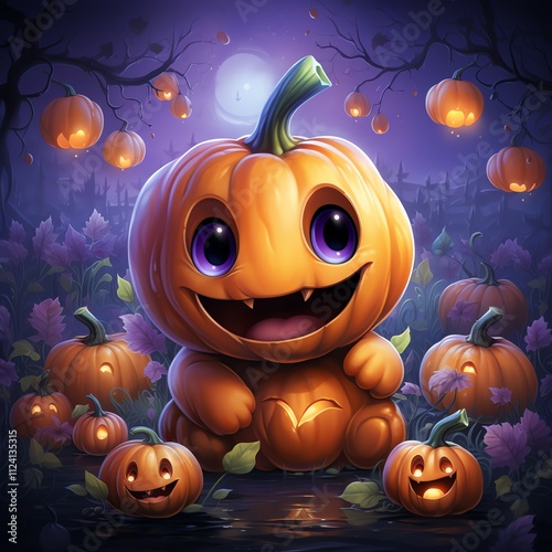 Halloween scene with cute pumpkin laughing cartoon cha