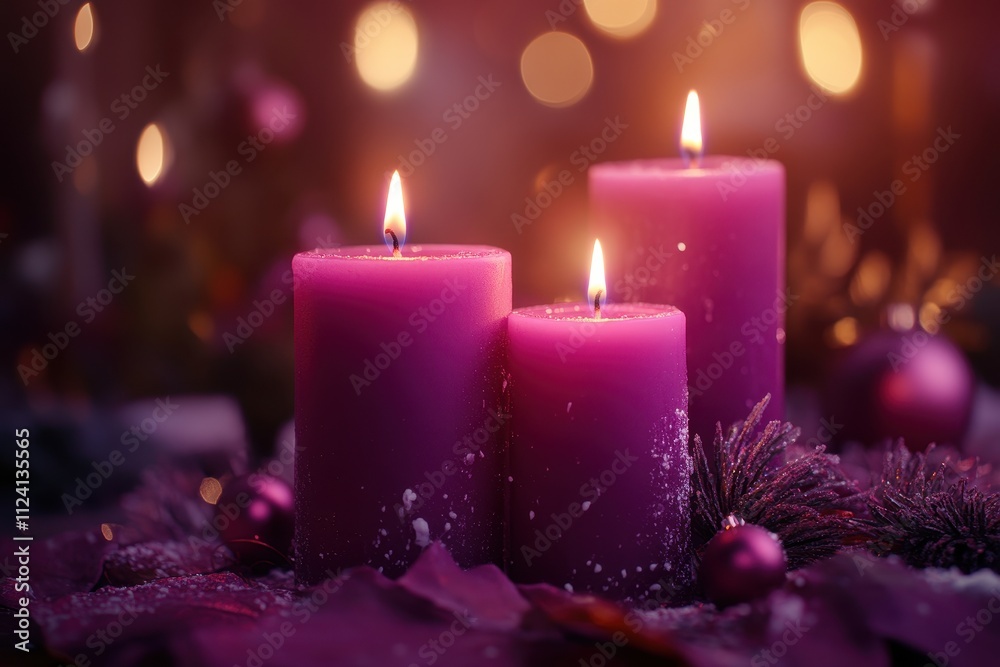 Three purple candles burn brightly, surrounded by festive decorations and a soft glow. Perfect for Christmas, Advent, or peaceful, spiritual themes. Three purple candles burn brightly, surrounded by festive decorations and a soft glow. Perfect for Christmas, Advent, or peaceful, spiritual themes.