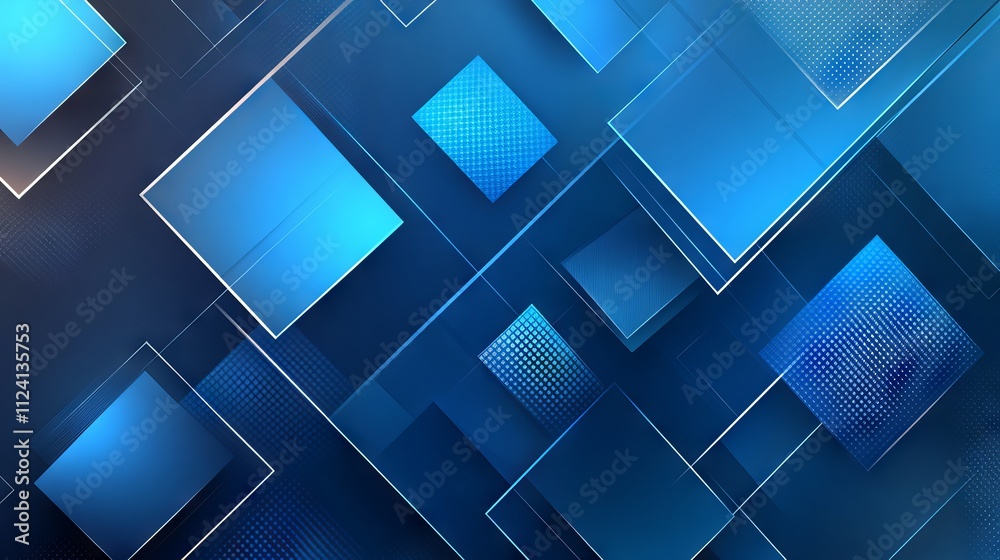 Modern abstract tech banner design with blue and grey glossy squares, layered transparent materials, and random geometric patterns on sleek blue background Modern abstract tech banner design with blue and grey glossy squares, layered transparent materials, and random geometric patterns on sleek blue background