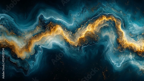 Abstract swirling gold and blue liquid paint texture background.