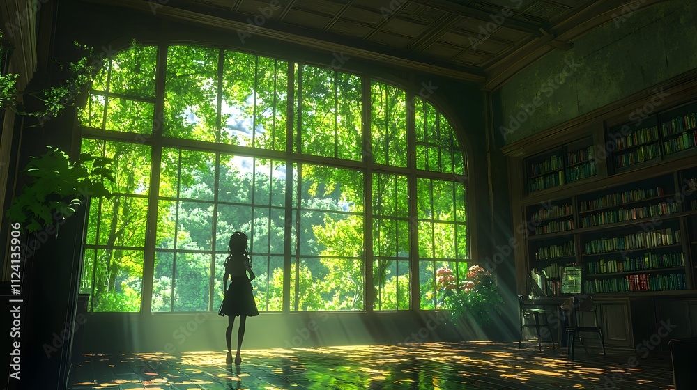Silhouette of a girl in a serene library with a lush green garden view. Silhouette of a girl in a serene library with a lush green garden view.