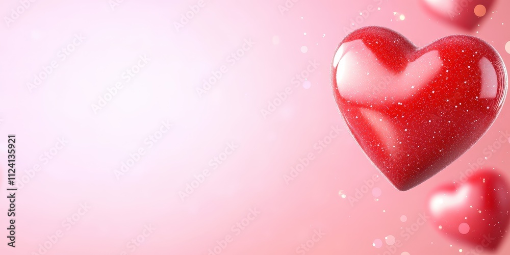 Shiny Red Hearts Floating on Soft Pink Background with Sparkles Shiny Red Hearts Floating on Soft Pink Background with Sparkles
