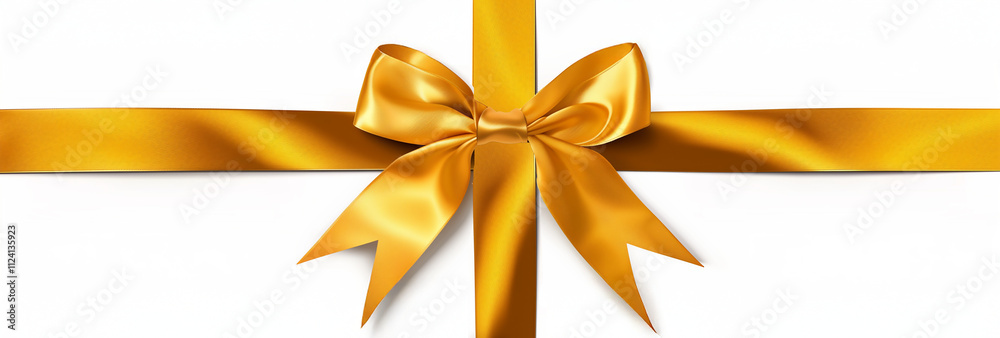 Ruban doré noué en croix avec un nœud élégant sur fond blanc, décoration minimaliste et festive pour Noël et les célébrations de fin d'année, espace négatif copyspace. Ruban doré noué en croix avec un nœud élégant sur fond blanc, décoration minimaliste et festive pour Noël et les célébrations de fin d'année, espace négatif copyspace.
