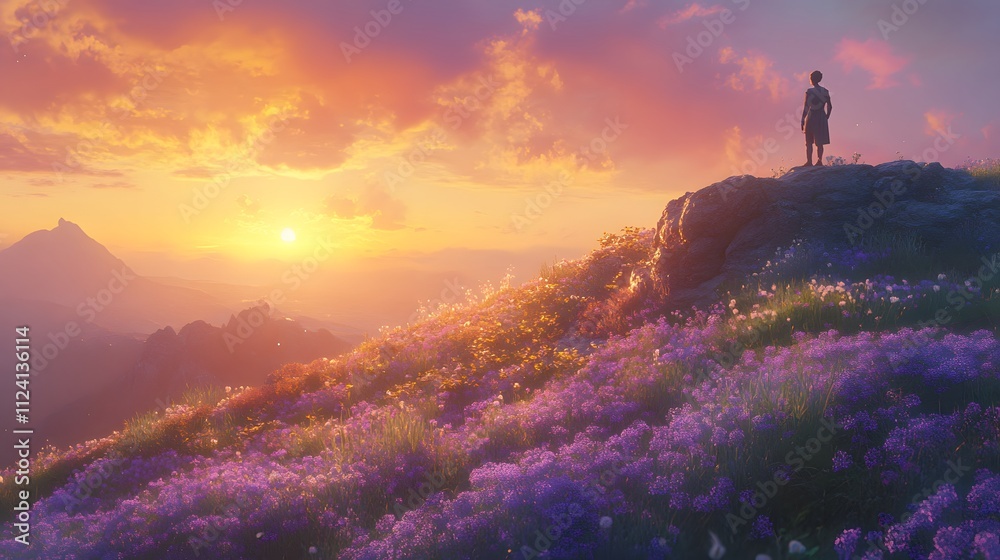 Silhouette of a figure amidst vibrant wildflowers at sunset. Silhouette of a figure amidst vibrant wildflowers at sunset.