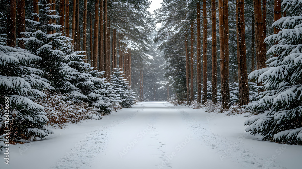 Naklejka premium Snow-covered path through a pine forest on a snowy day.