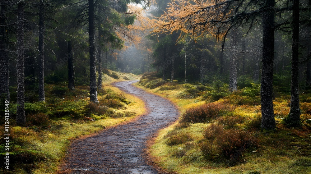 Obraz premium Serene winding path through a misty autumn forest landscape.