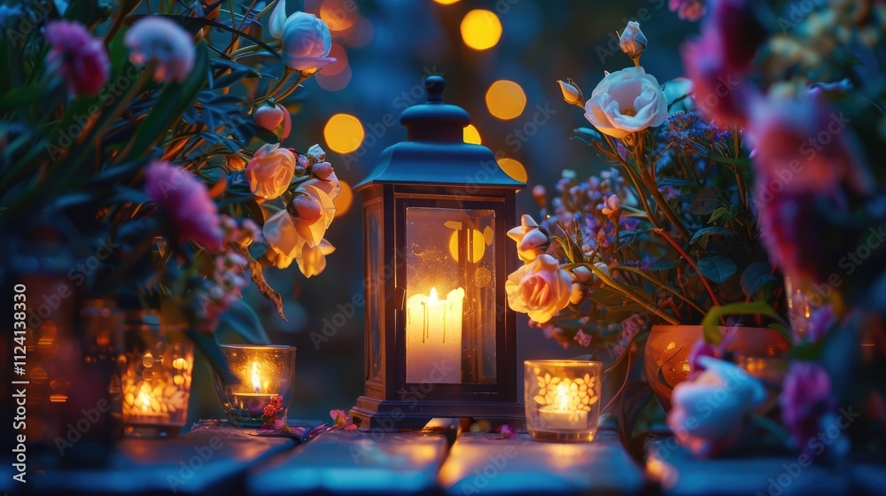 A beautiful, glass lantern glowing softly in a romantic, nighttime setting, surrounded by candles and flowers A beautiful, glass lantern glowing softly in a romantic, nighttime setting, surrounded by candles and flowers