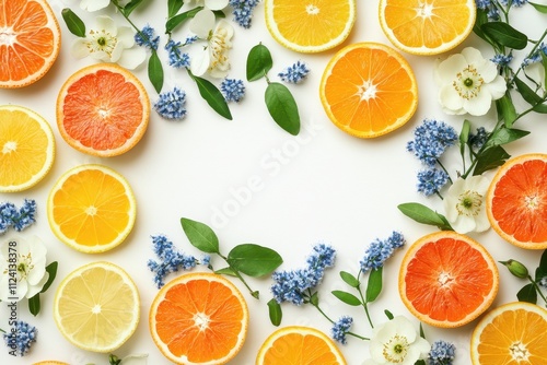 Citrus fruit slices & blossoms arranged on white. Perfect for spring, summer, or healthy food themes; evokes freshness & vibrancy. photo