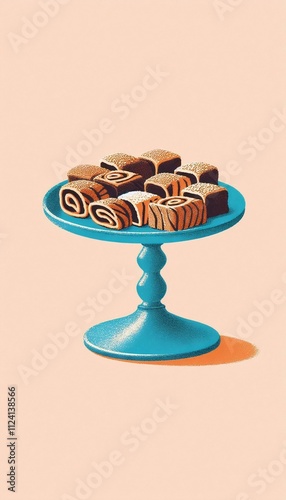 A minimal, centered illustration of pieces of tan and brown-colored rugelach on a bright blue cake stand in a simple, grainy risograph print style on a plain, empty pale pink colored background. photo