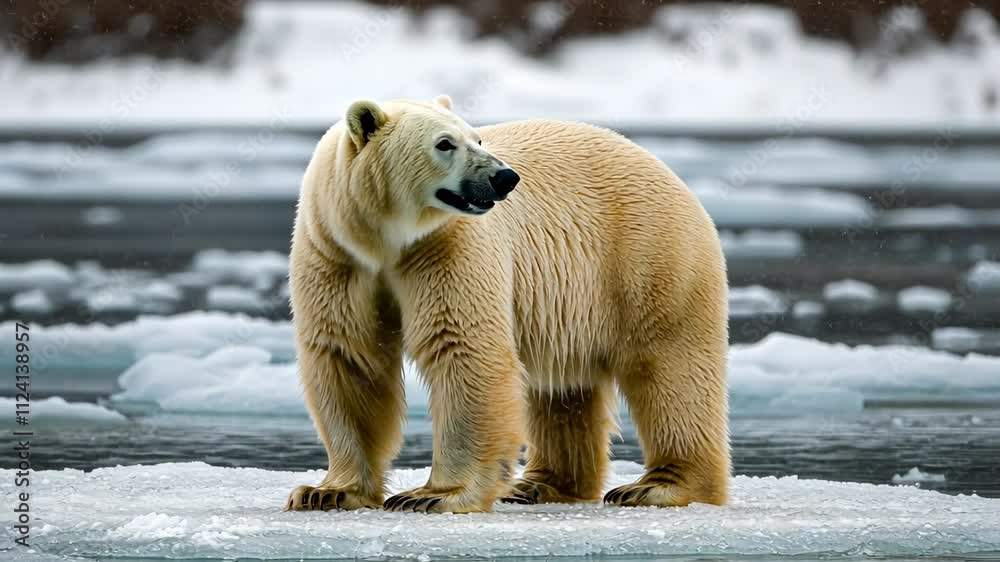 Majestic Polar Bear Standing on Ice in a Serene Arctic Landscape During Winter Season Majestic Polar Bear Standing on Ice in a Serene Arctic Landscape During Winter Season