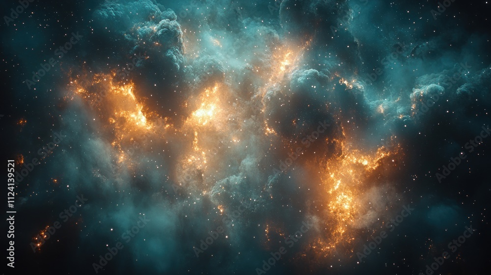 Naklejka premium Fiery nebula in deep space with swirling cosmic dust and gas clouds.