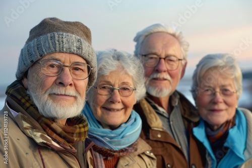 Portrait of a group of senior people in winter clothes standing outdoors