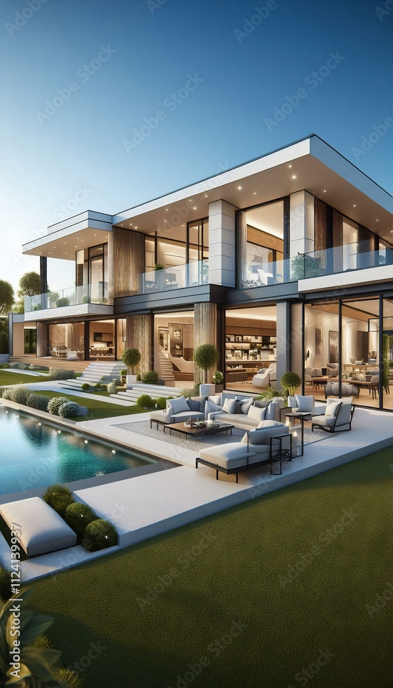 Obraz premium A modern, luxurious real estate property with a spacious, open floor plan. The exterior features large windows, a well-manicured lawn, and a sleek, contemporary design.