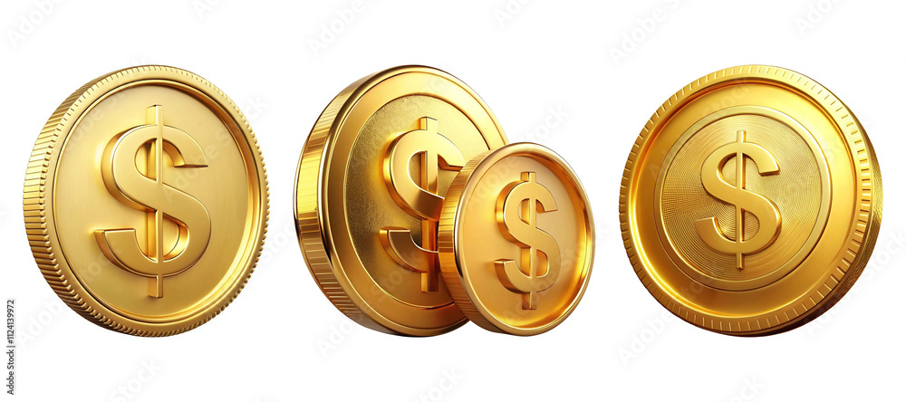 Collection of Shiny Gold Coins with Dollar Symbol isolated on white and transparent background, png format, cutout background Collection of Shiny Gold Coins with Dollar Symbol isolated on white and transparent background, png format, cutout background