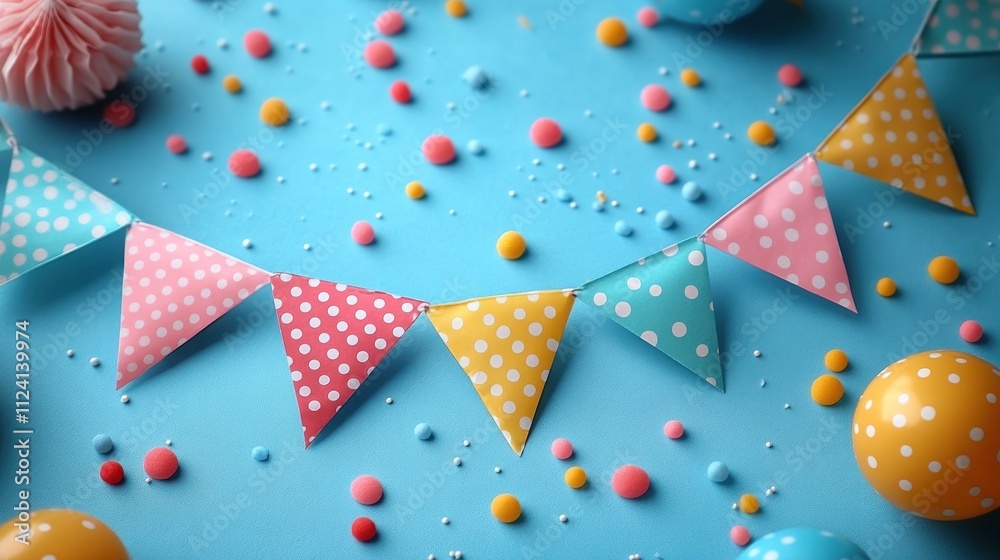Festive pastel bunting with sprinkles and polka dot balloons on a blue background. Festive pastel bunting with sprinkles and polka dot balloons on a blue background.