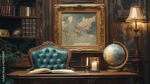 Gold frame in a vintage study room, with a globe and candle beside it