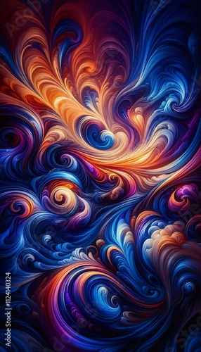 A vibrant and dynamic abstract background with swirling patterns and bold colors. The image features a mix of bright blues, deep purples, and fiery oranges, creating a sense of movement and energy.