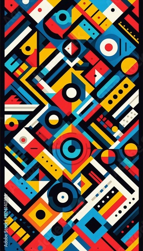 Wallpaper Mural A vibrant geometric pattern featuring a variety of shapes such as triangles, circles, and squares. The pattern is composed of bold, contrasting colors like red, blue, yellow, and green. Torontodigital.ca