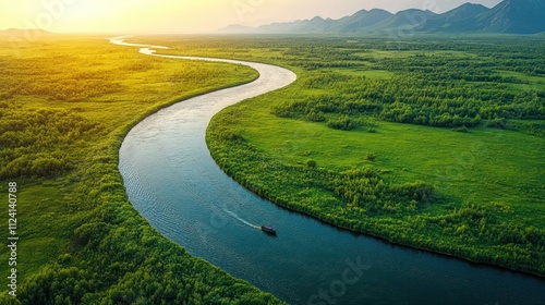 Aerial view of a winding river flowing through a lush green landscape at sunset.