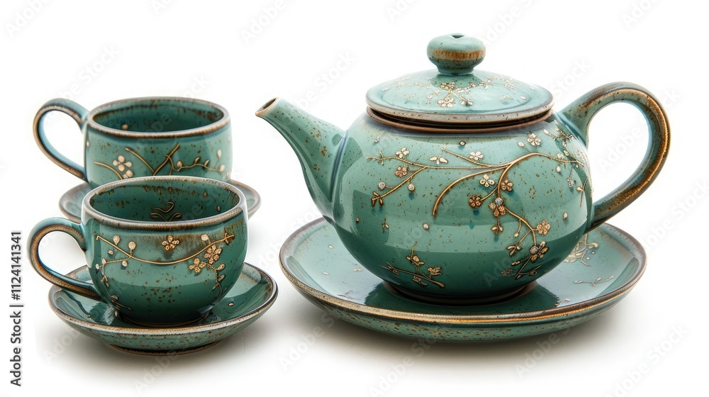 A beautiful green tea set with a traditional, antique design and a few delicate tea cups, isolated on a white background A beautiful green tea set with a traditional, antique design and a few delicate tea cups, isolated on a white background