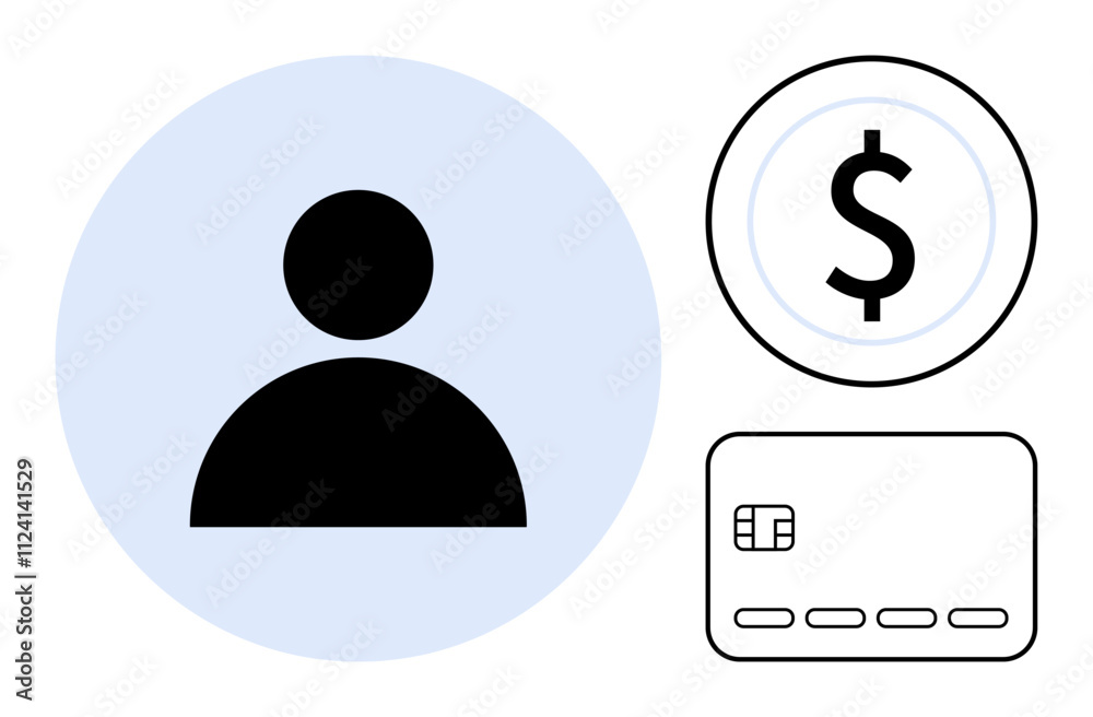 User profile icon, credit card with chip, and dollar sign circled. Ideal for online payments, financial identity, banking, e-commerce, secure transactions digital wallets and payment systems. Line User profile icon, credit card with chip, and dollar sign circled. Ideal for online payments, financial identity, banking, e-commerce, secure transactions digital wallets and payment systems. Line