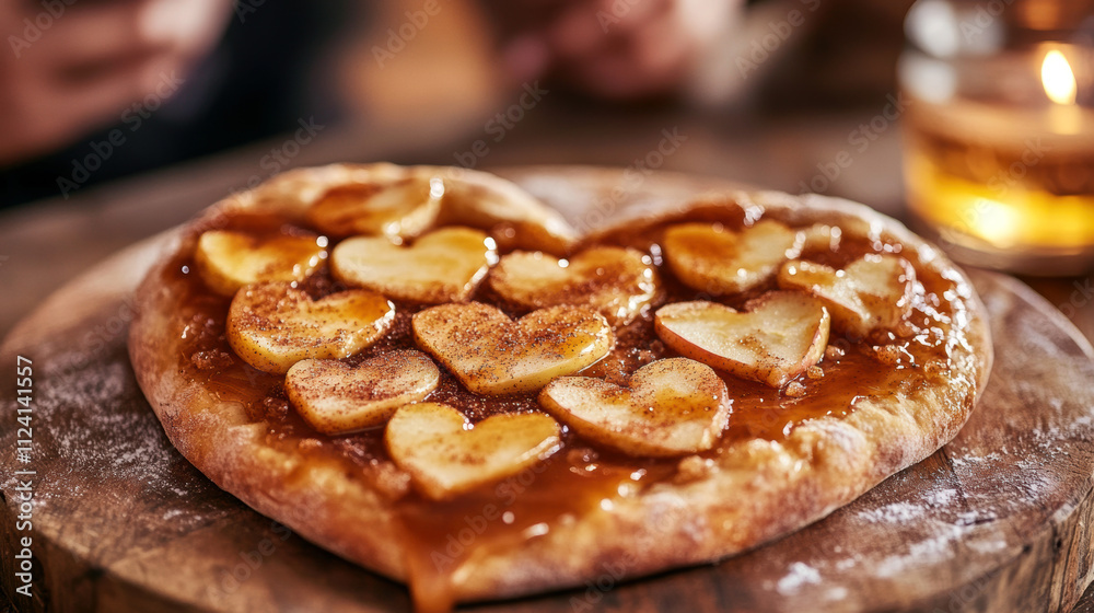 Heart-shaped dessert pizza with caramelized apples and cinnamon topping